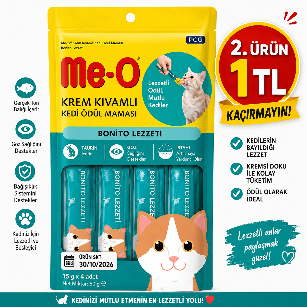 Meo Kurutulmuş Füme Ton Balıklı Krema Kedi Ödülü 4x15 gr