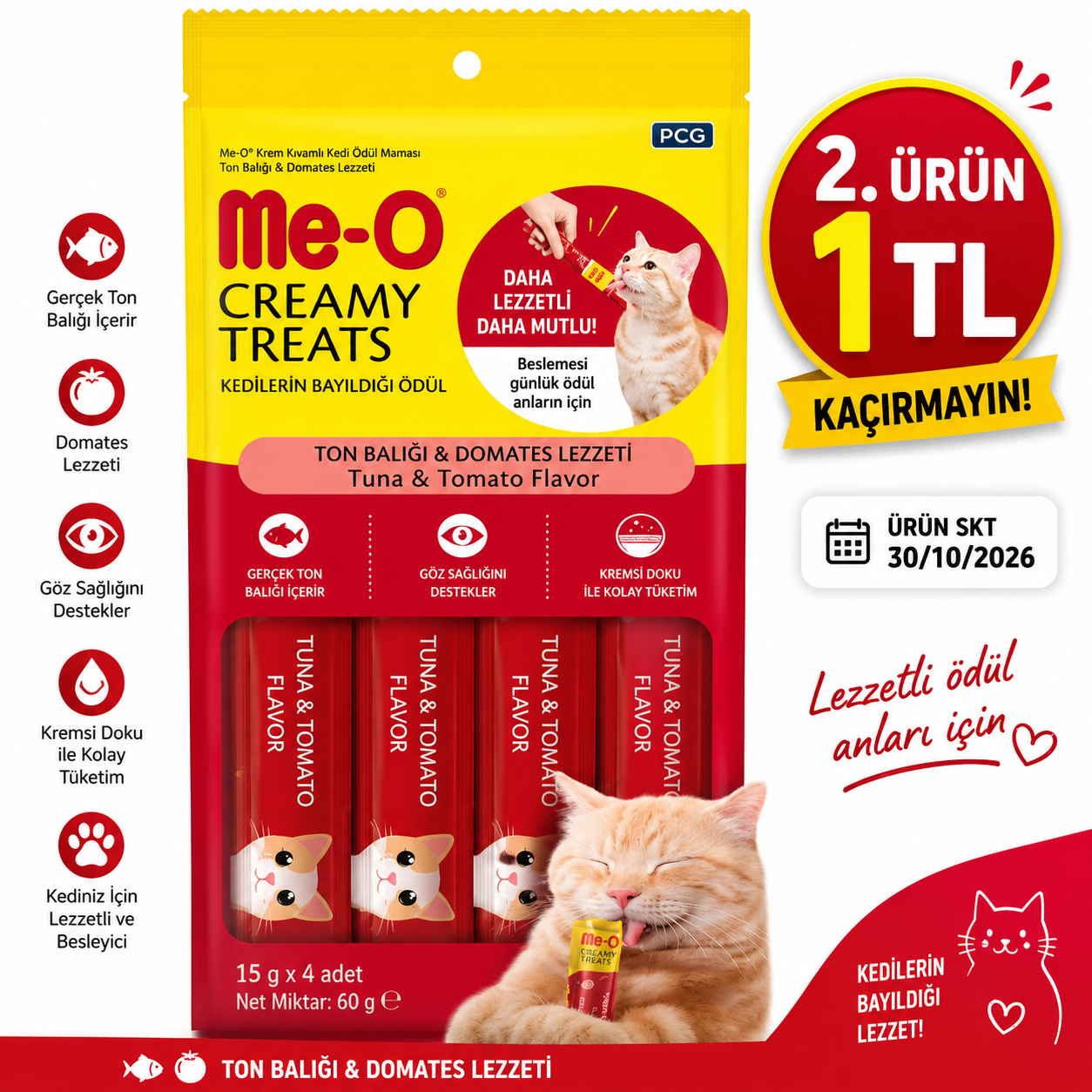 Meo Krema Kedi Ödülü Ton Balıklı Domatesli 4x15 Gr