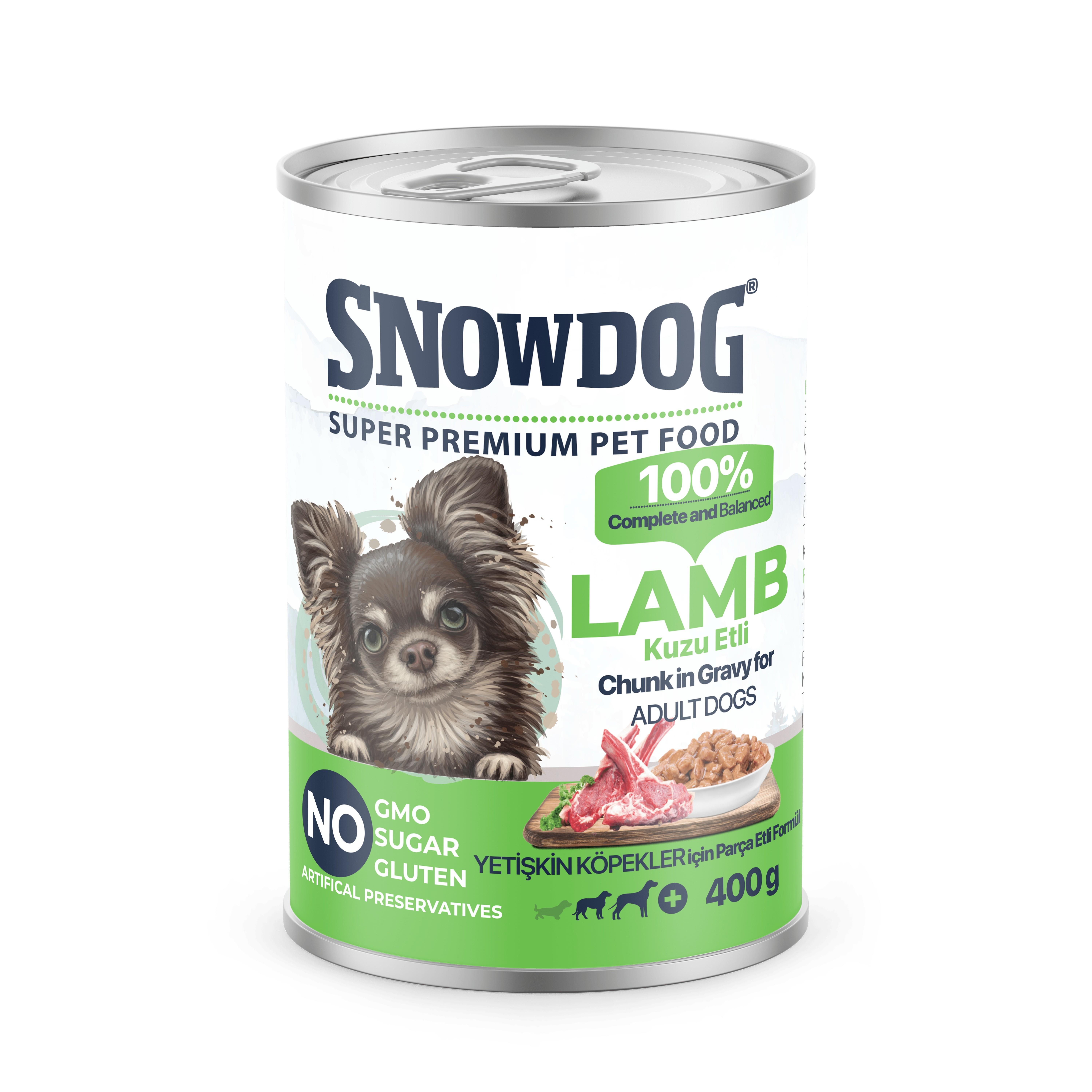 Snow Dog Premium Parça Etli Kuzulu Yetişkin Köpek Konservesi 400 Gr