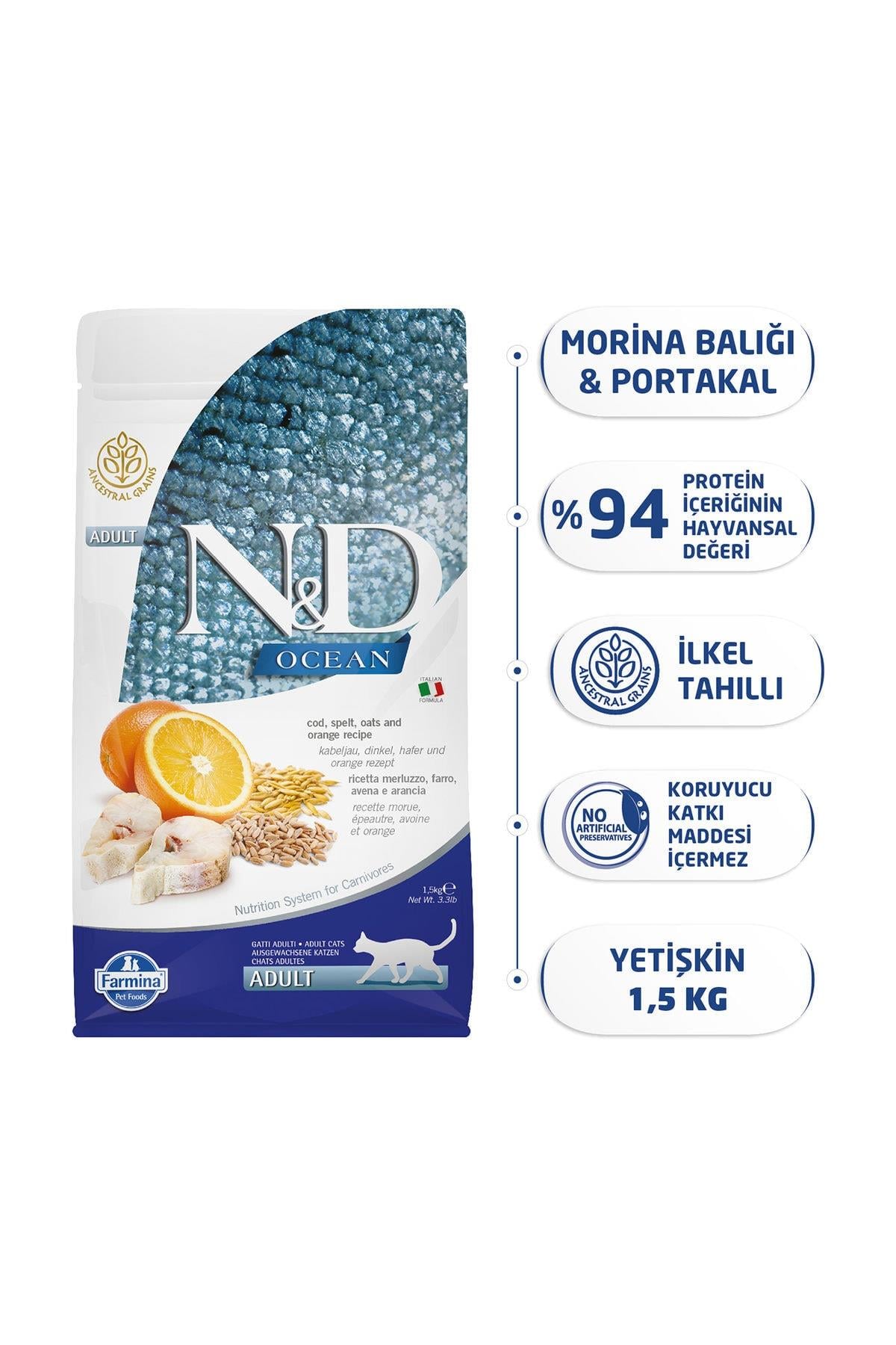 N&D Ocean Düşük Tahıllı Yetişkin Kedi Maması Morina Balıklı Portakallı 1,5 Kg