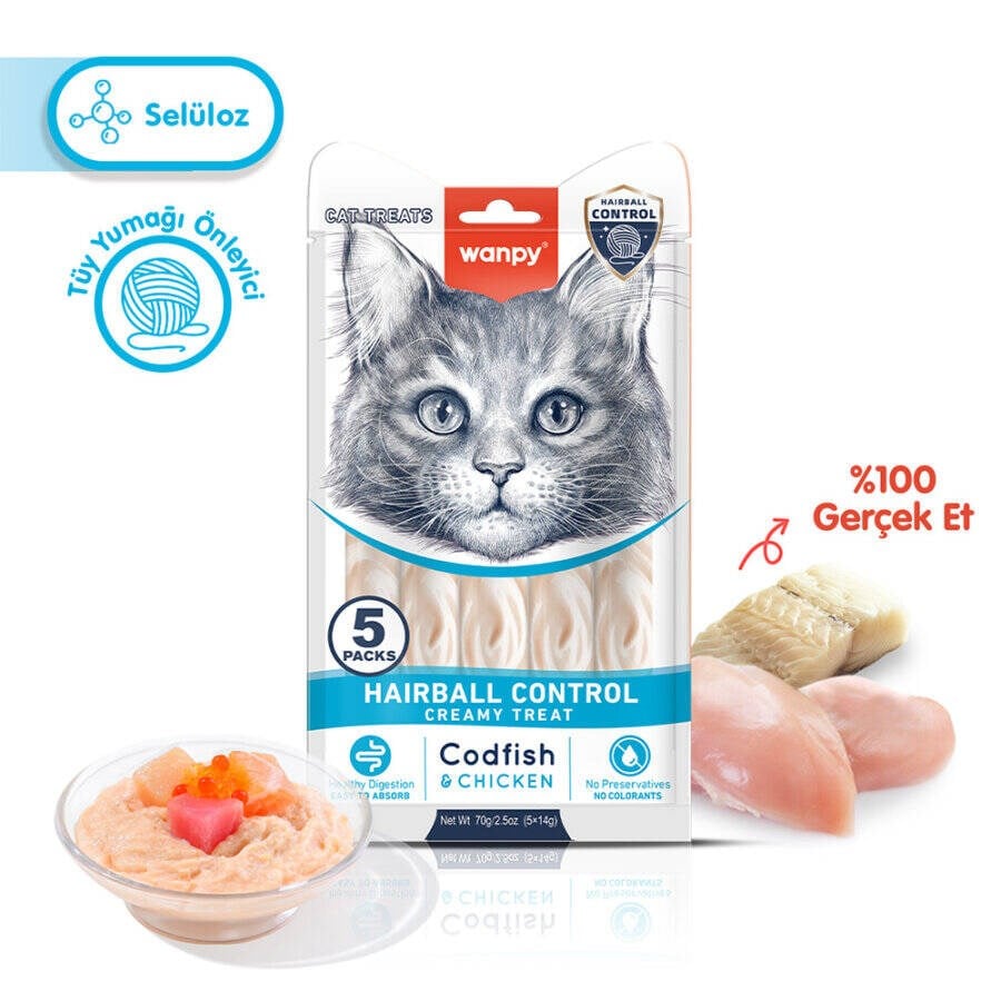 Wanpy Hairball Control Morina Balığı ve Tavuklu Kerma Ödül 5x14gr