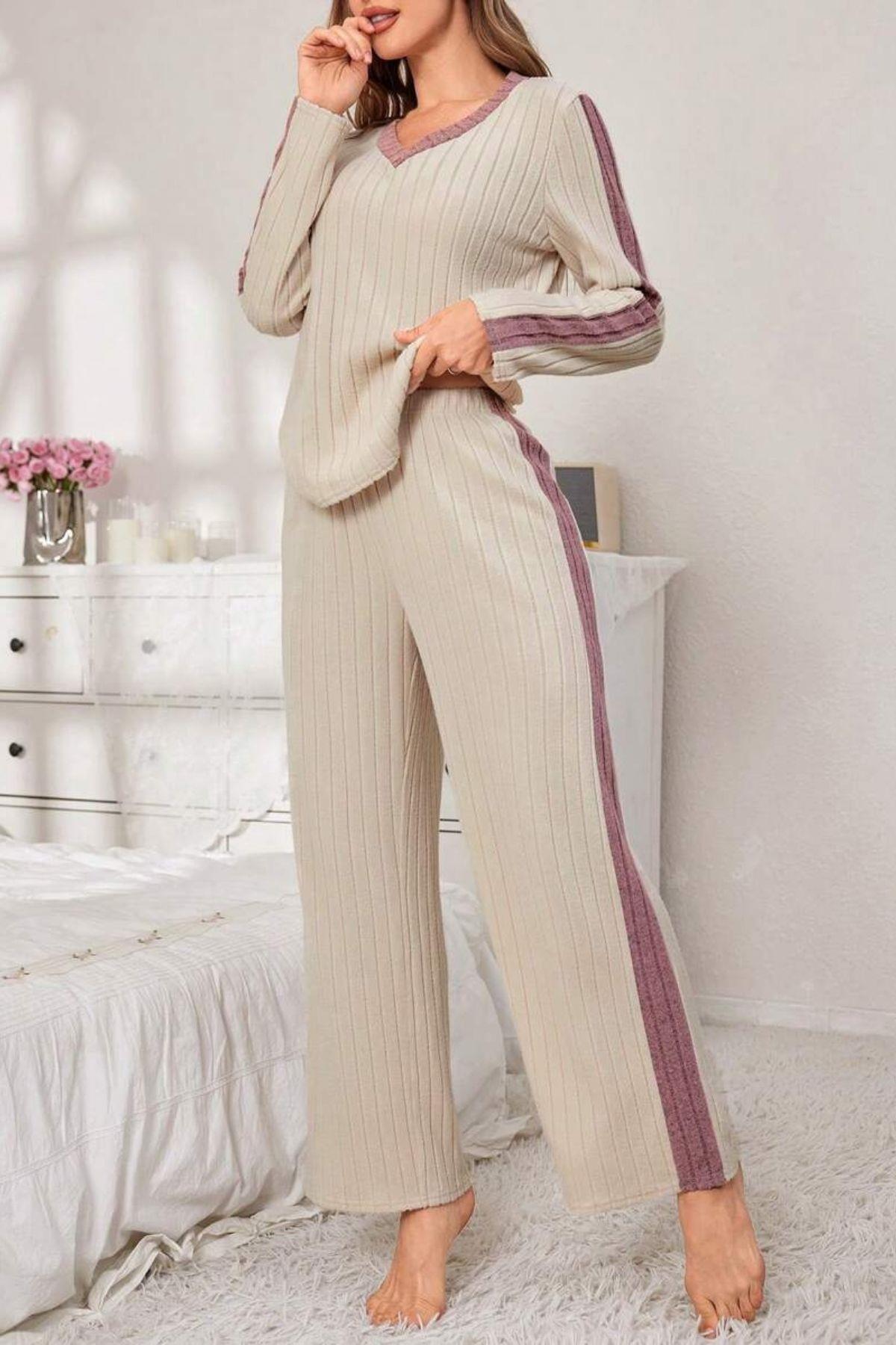 Bella Notte Bej Pamuklu V Yaka Pijama Takımı 77163