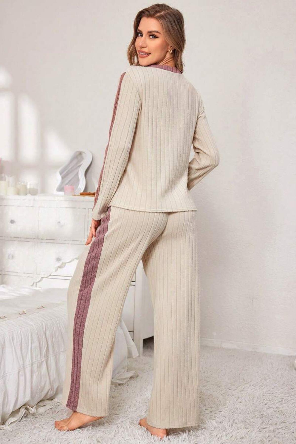 Bella Notte Bej Pamuklu V Yaka Pijama Takımı 77163