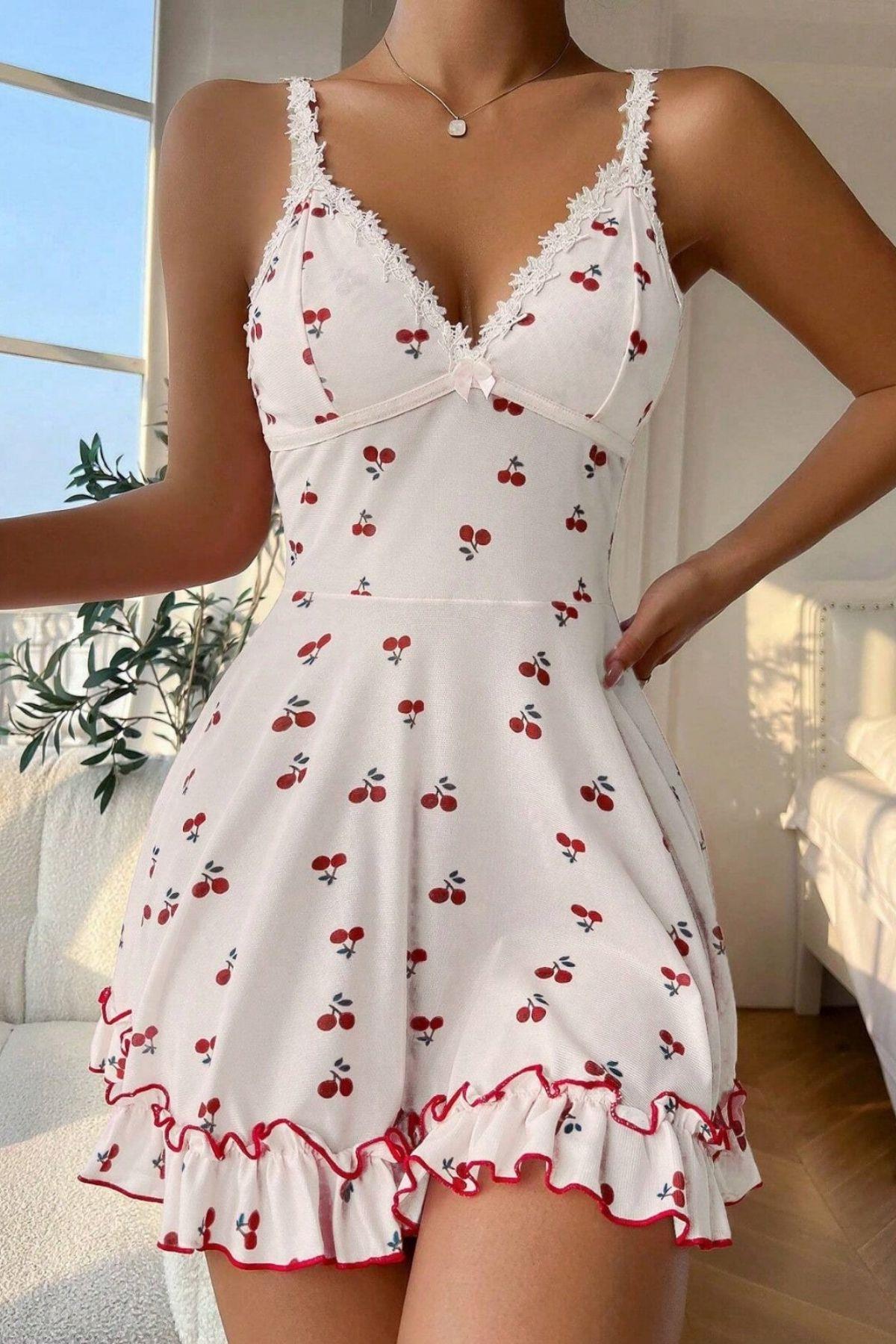 Bella Notte Beyaz Kiraz Desenli Gecelik 15771