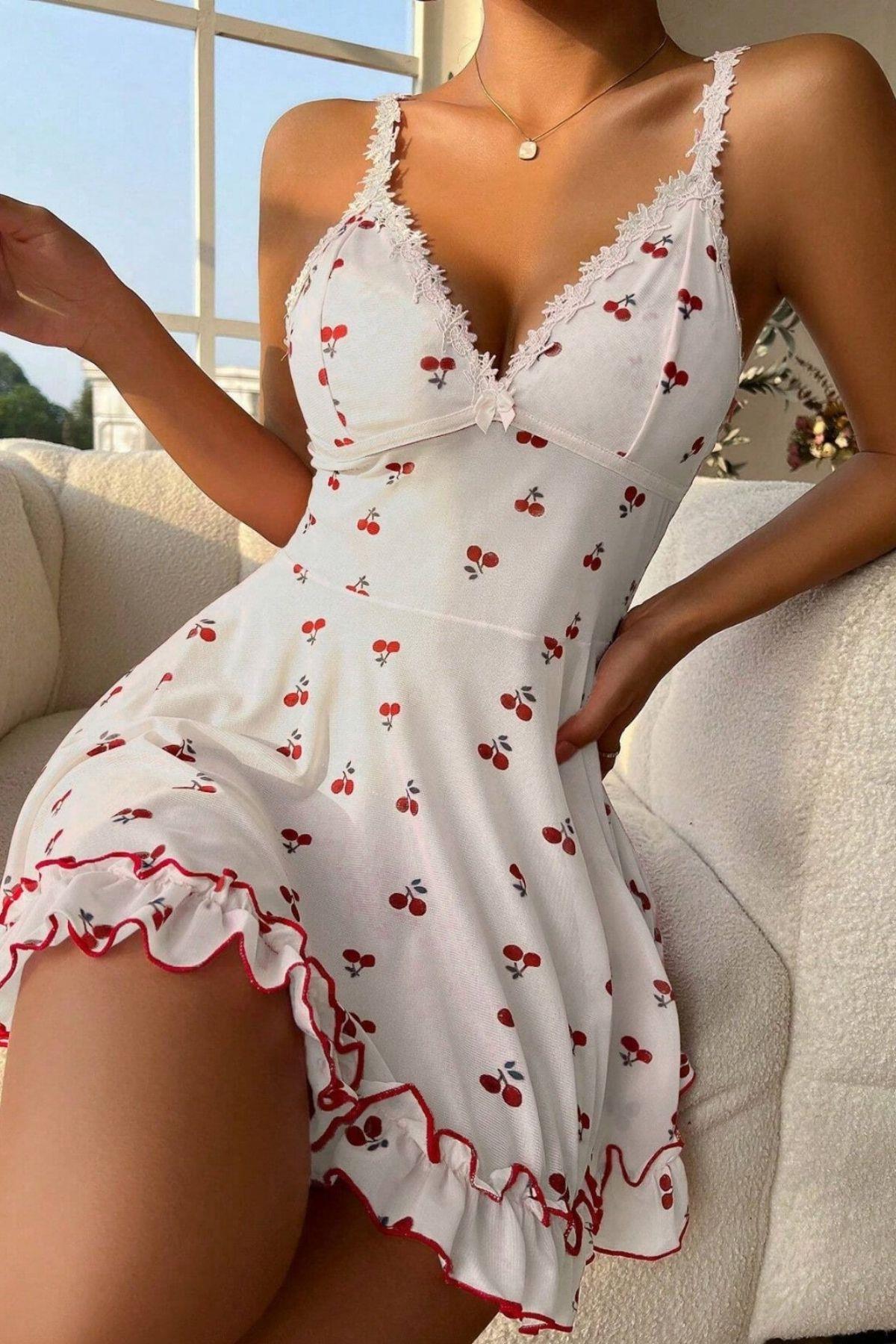 Bella Notte Beyaz Kiraz Desenli Gecelik 15771