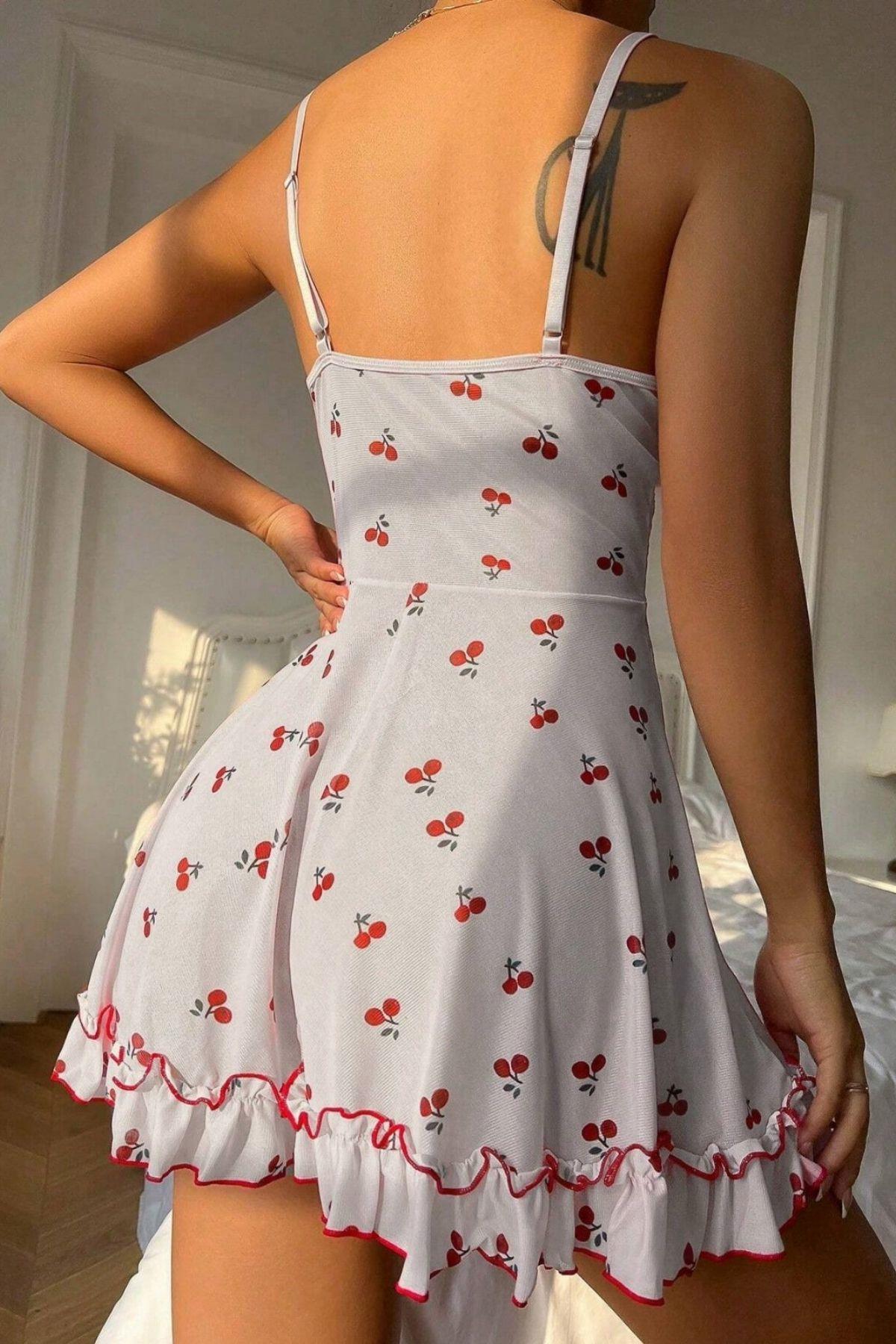 Bella Notte Beyaz Kiraz Desenli Gecelik 15771