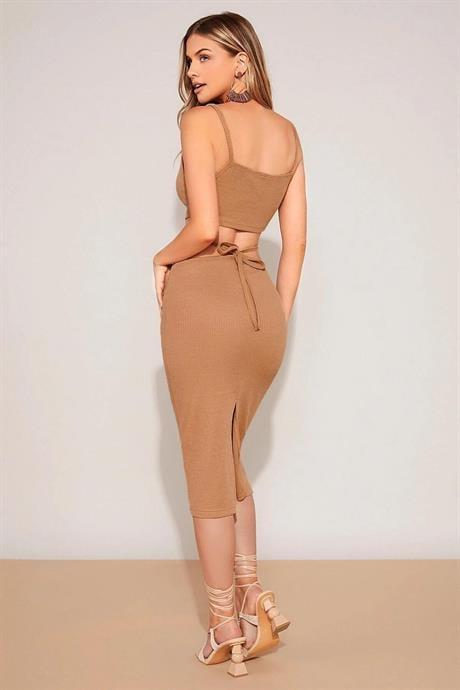 Bella Notte Cappuccino Belden İp Detaylı Etek Crop Takım BN6575C