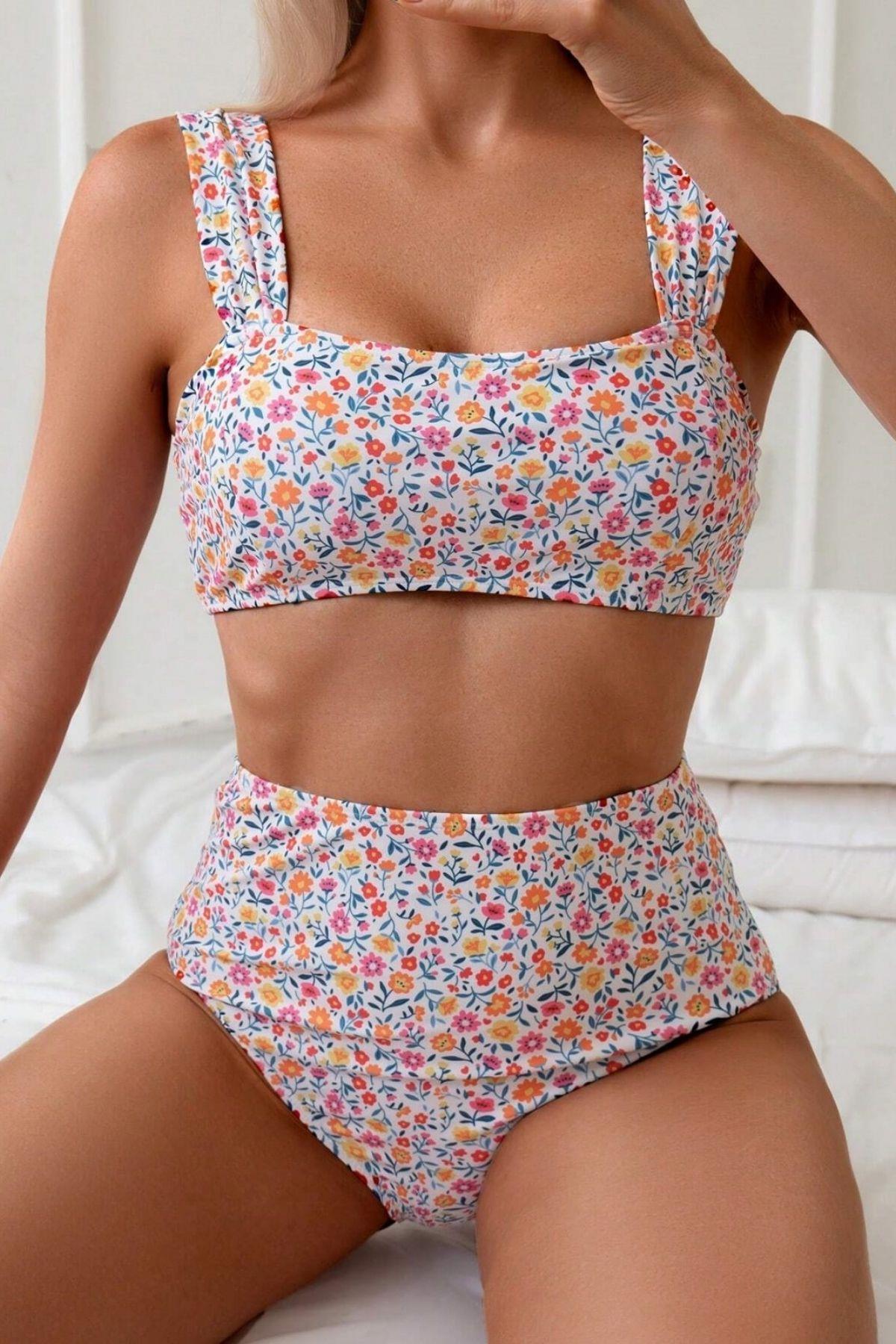 Bella Notte Çok Renkli Çiçek Baskılı Yüksel Bel Bikini Takım M-9015