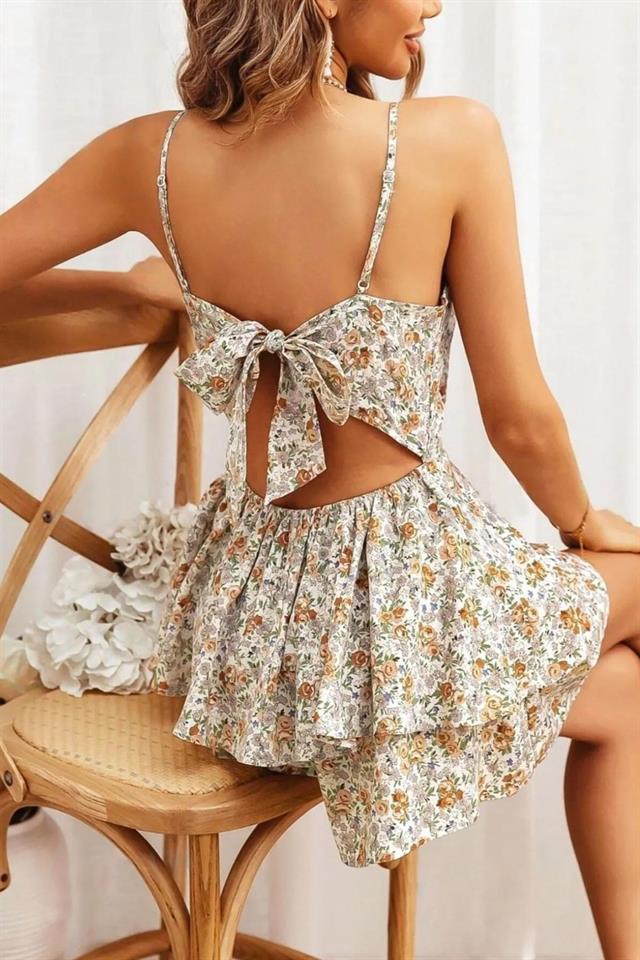 Bella Notte Çok Renkli Çiçek Desenli Fırfırlı Tek Parça Tulum T-6501