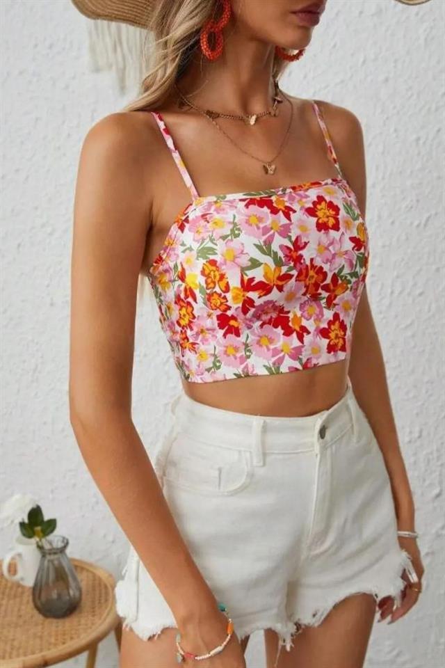 Bella Notte Çok Renkli Retro Çiçekli Askılı Crop B-5510
