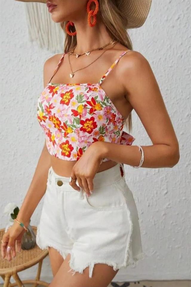 Bella Notte Çok Renkli Retro Çiçekli Askılı Crop B-5510