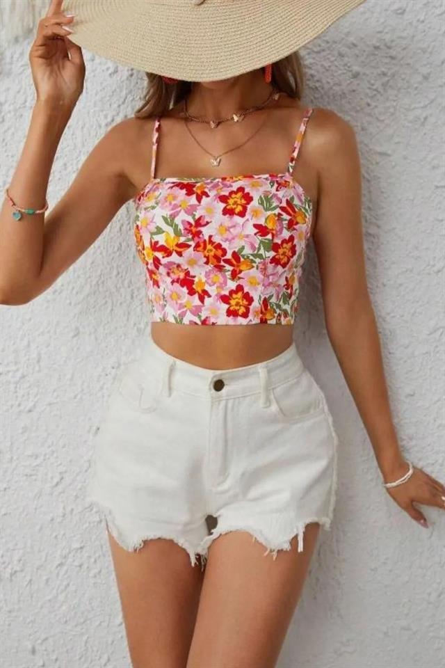 Bella Notte Çok Renkli Retro Çiçekli Askılı Crop B-5510
