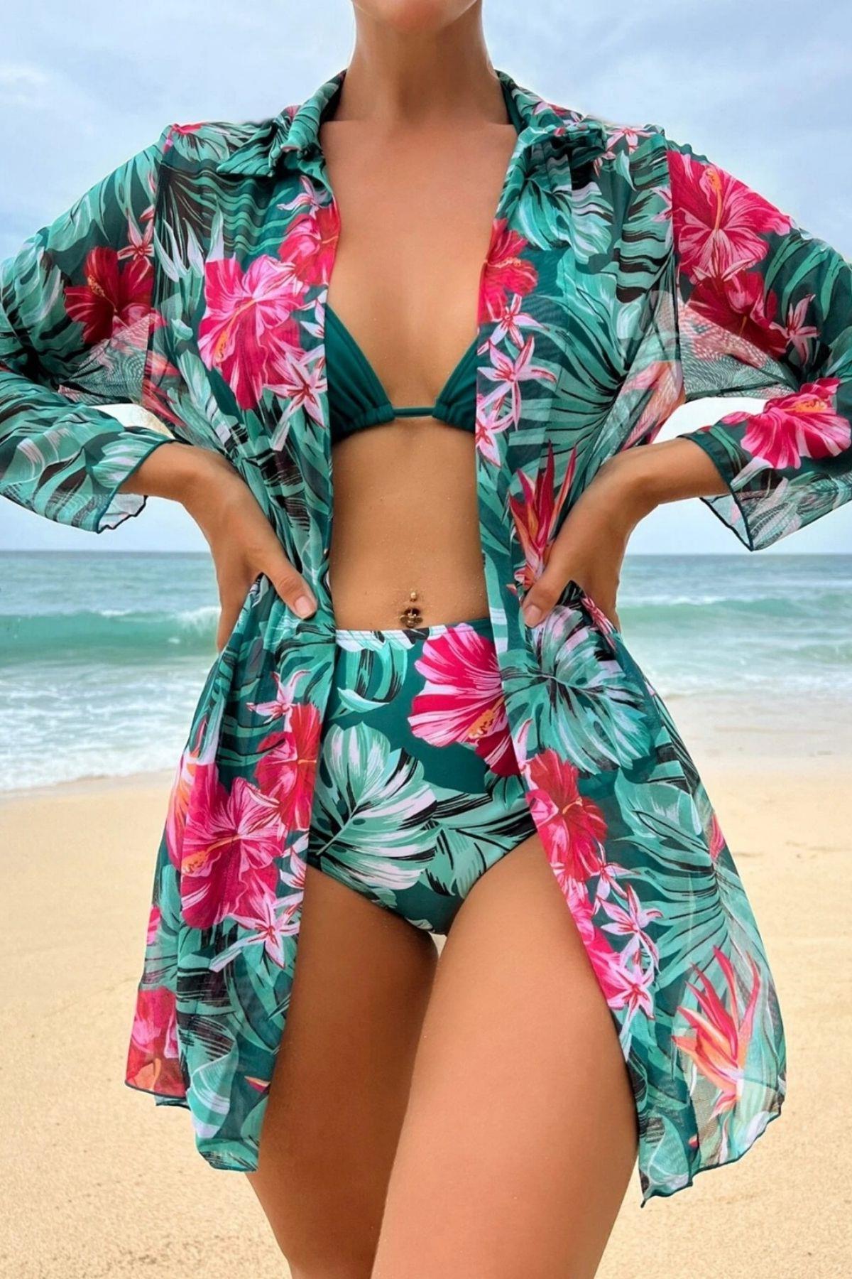 Bella Notte Çok Renkli Tropikal Baskılı 3 Parça Bikini Takımı M-9007