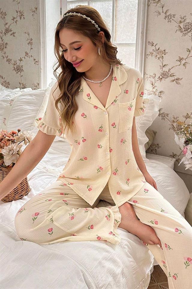 Bella Notte Ekru Çiçek Desenli Yakalı Pijama Takımı 7036