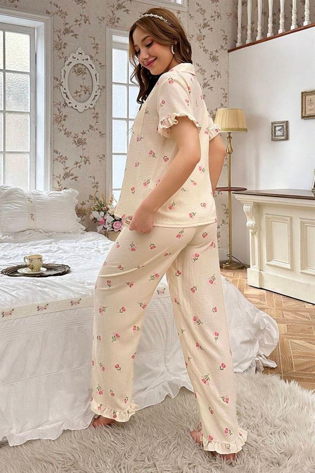 Bella Notte Ekru Çiçek Desenli Yakalı Pijama Takımı 7036