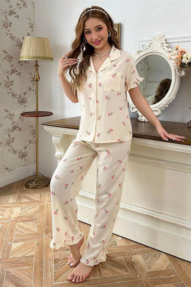 Bella Notte Ekru Çiçek Desenli Yakalı Pijama Takımı 7036