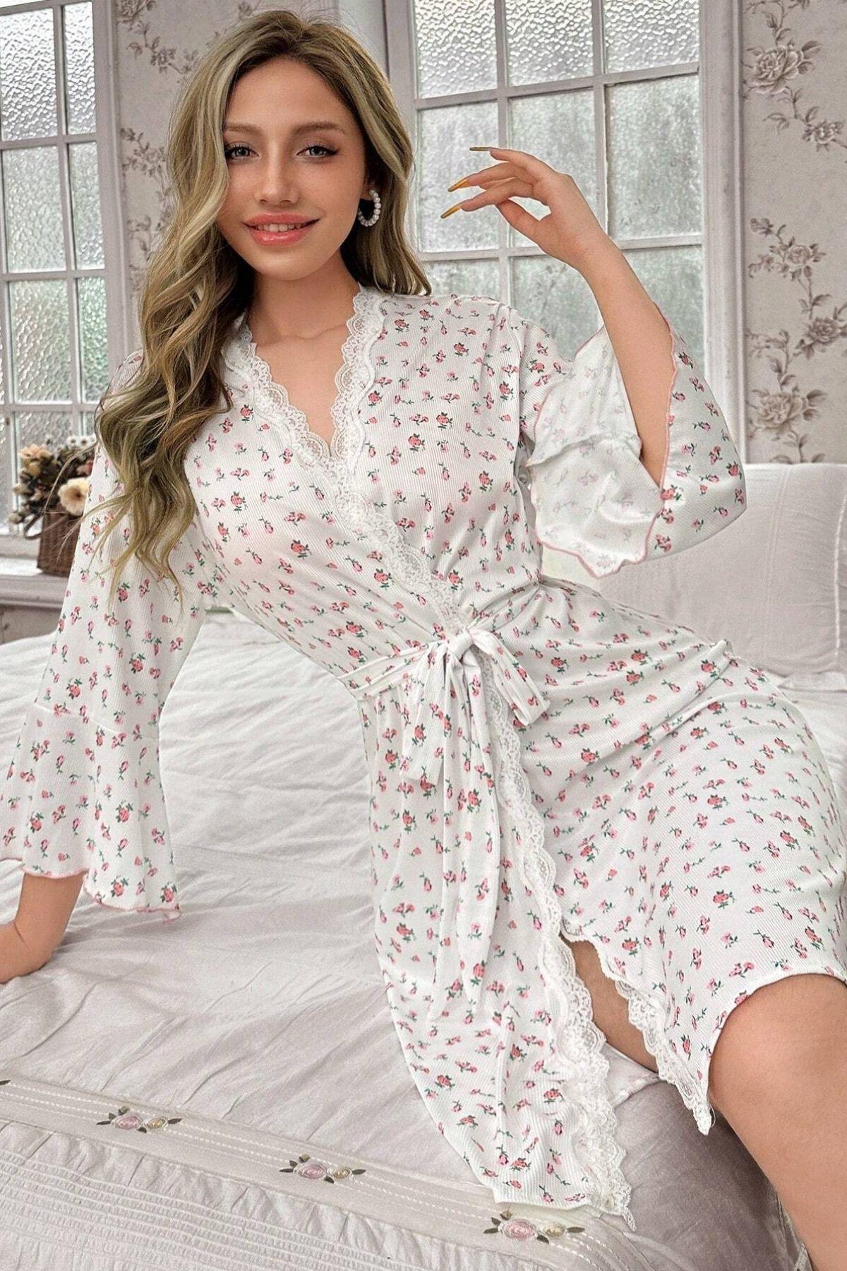 Bella Notte Ekru Desenli Pamuklu Sabahlık 9661