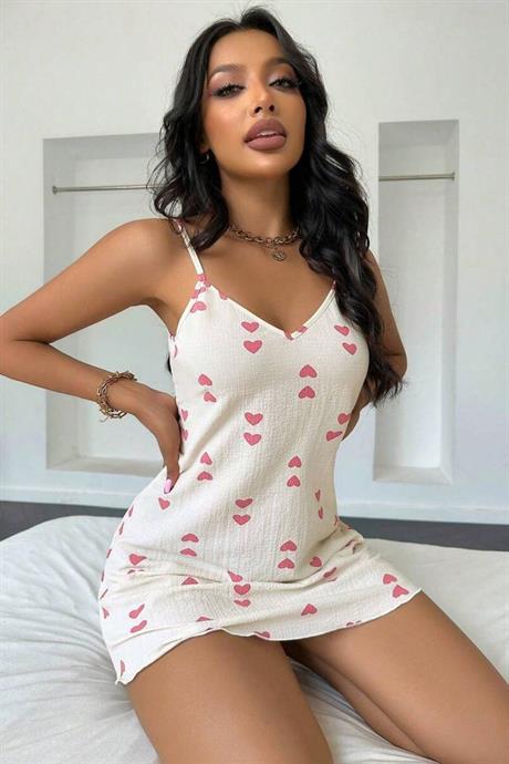 Bella Notte Ekru Kalp Desenli Sevgi Dolu Gecelik 15716