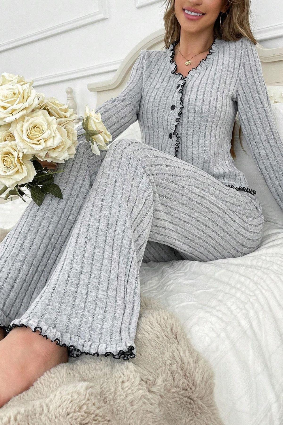 Bella Notte Gri Fırfırlı V Yaka Pamuklu Pijama Takımı 7091