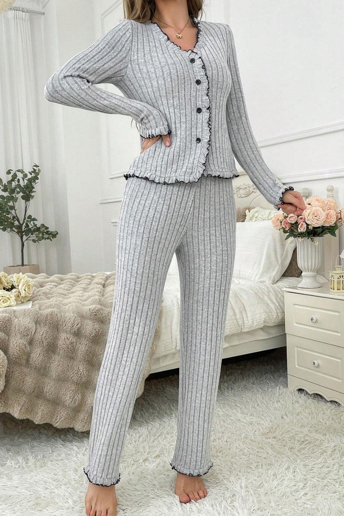 Bella Notte Gri Fırfırlı V Yaka Pamuklu Pijama Takımı 7091