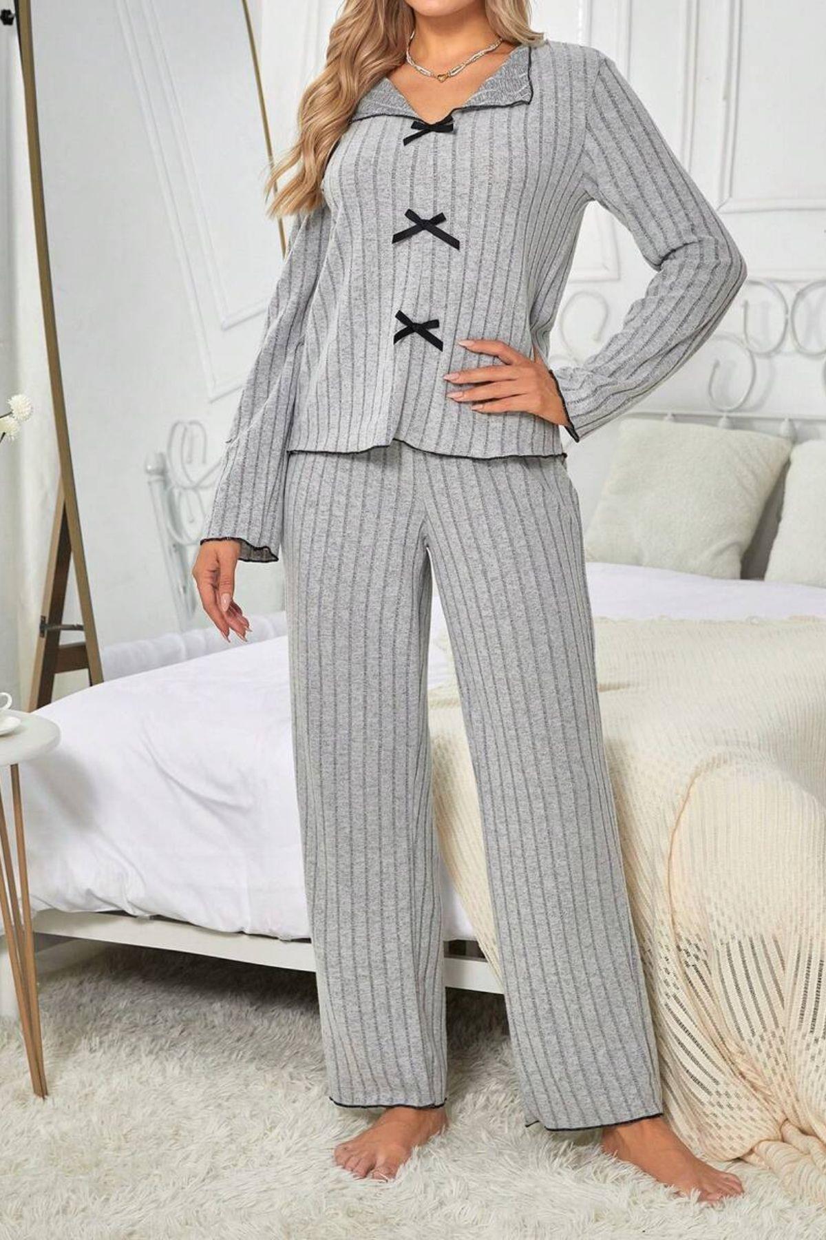 Bella Notte Gri Pamuklu Fiyonk Detaylı Pijama Takımı 77133