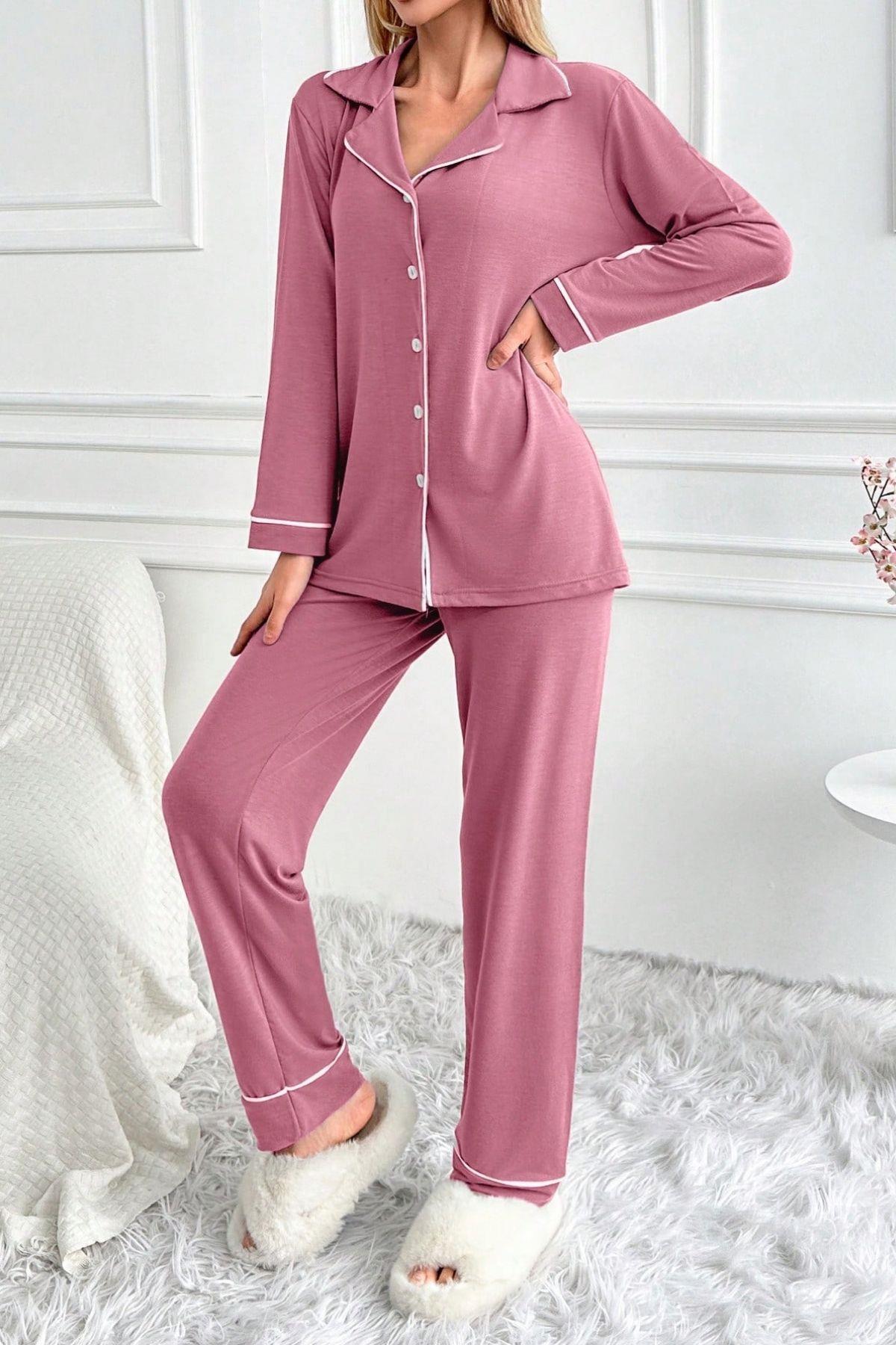Bella Notte Gül Kurusu Düğme Detaylı Pamuklu Pijama Takımı 7145