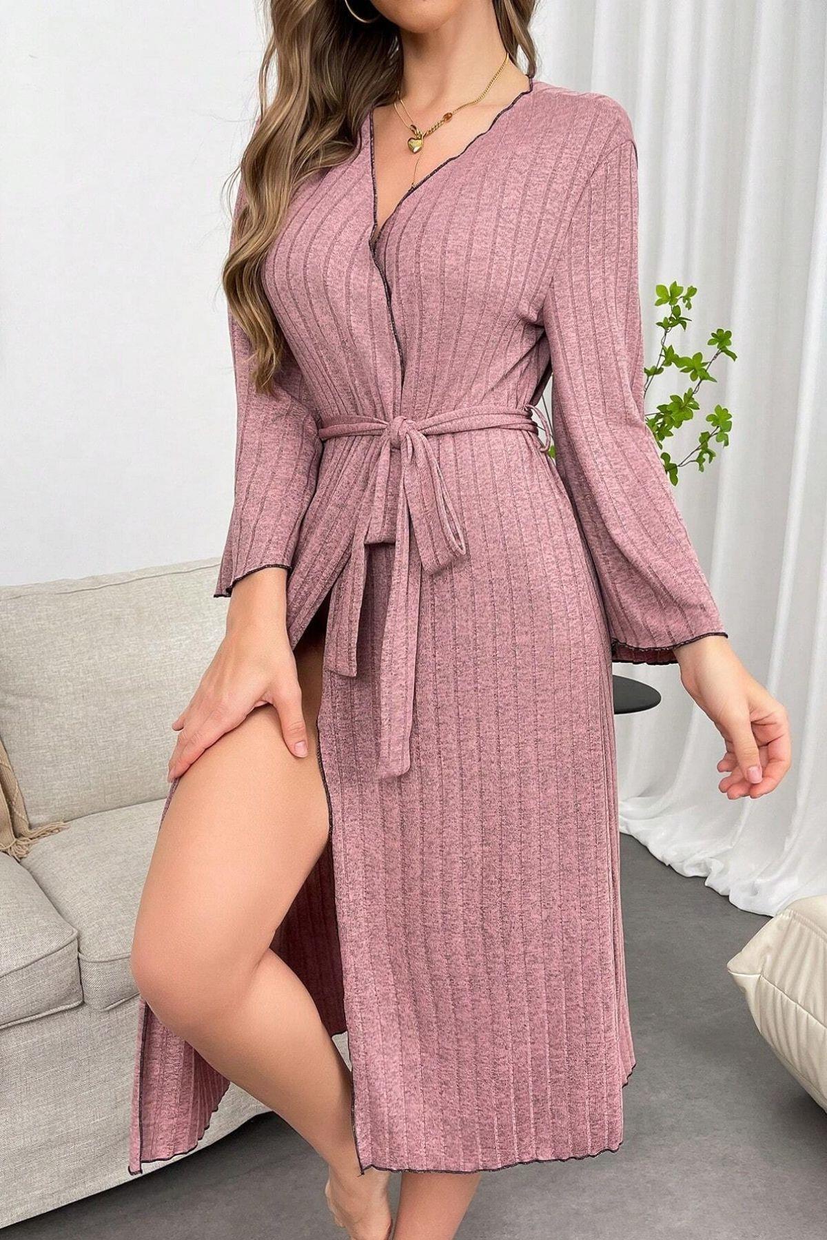 Bella Notte Gül Kurusu Fitilli Pamuklu Sabahlık 9663