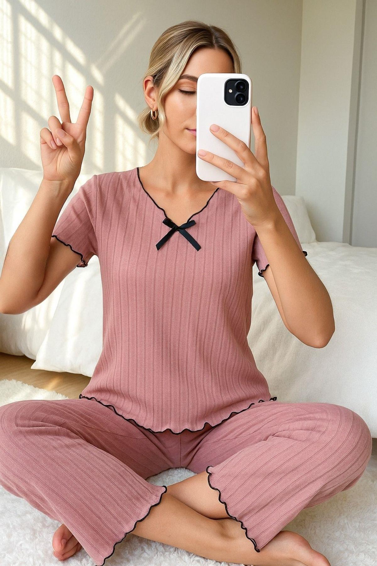 Bella Notte Gül Kurusu Kısa Kollu Pamuklu Pijama Takımı 7339