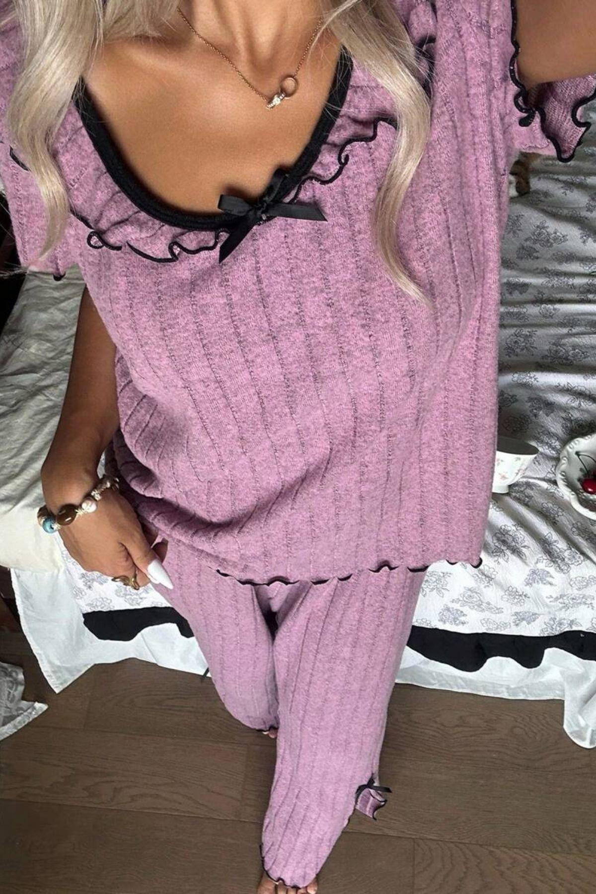 Bella Notte Gül Kurusu Volanlı Kenar Rahat Pijama Takımı 7383