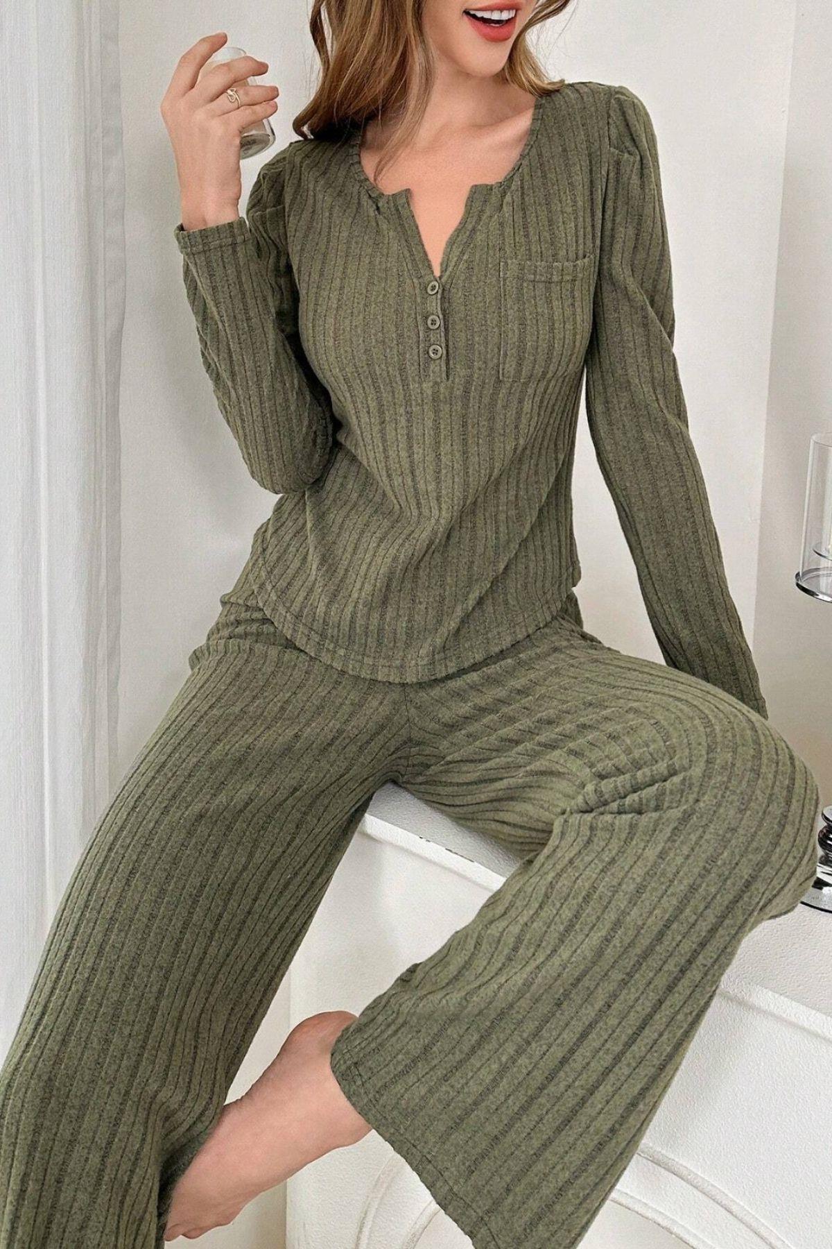 Bella Notte Haki Yeşili Uzun Kollu Pamuklu Pijama Takımı 7069