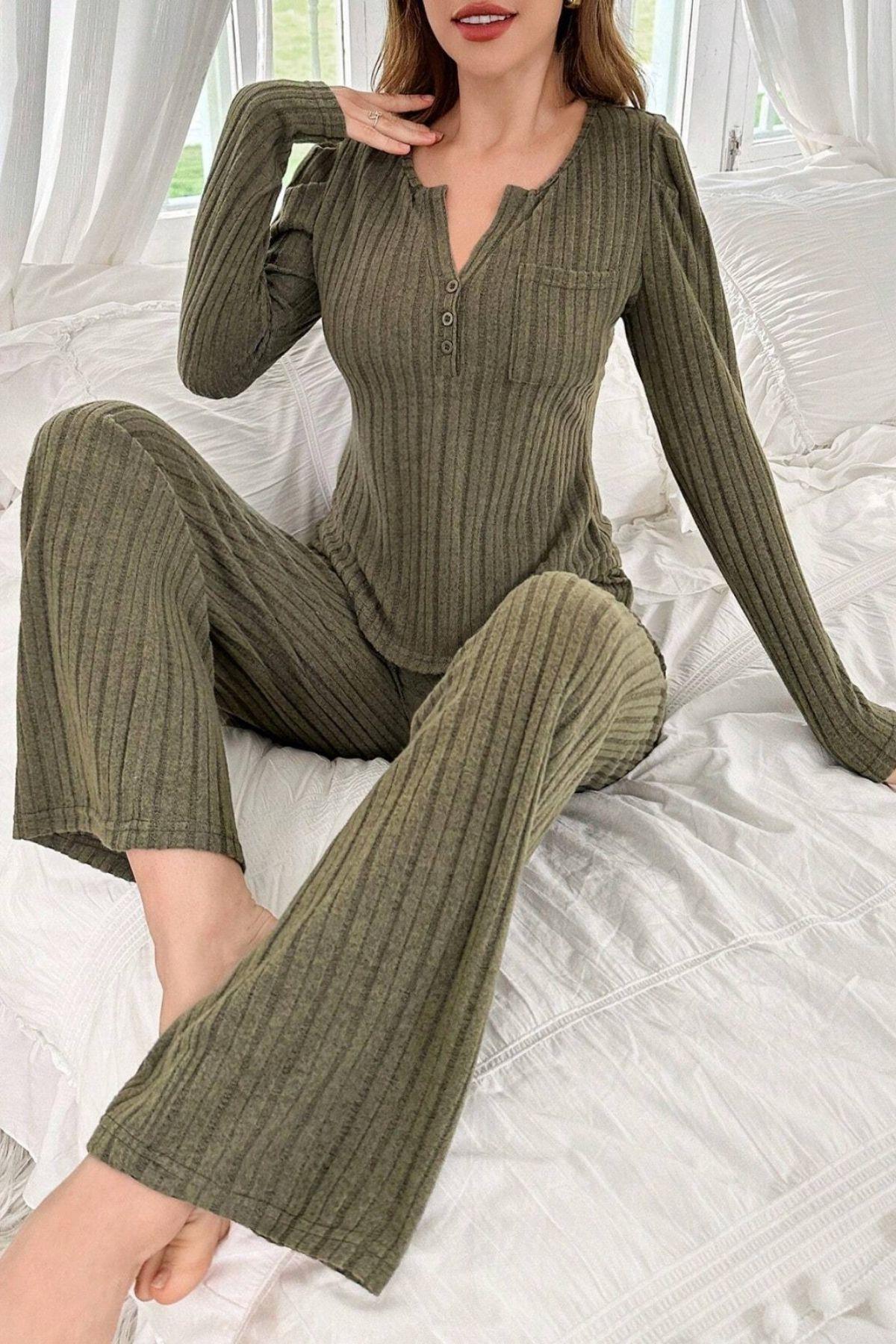 Bella Notte Haki Yeşili Uzun Kollu Pamuklu Pijama Takımı 7069