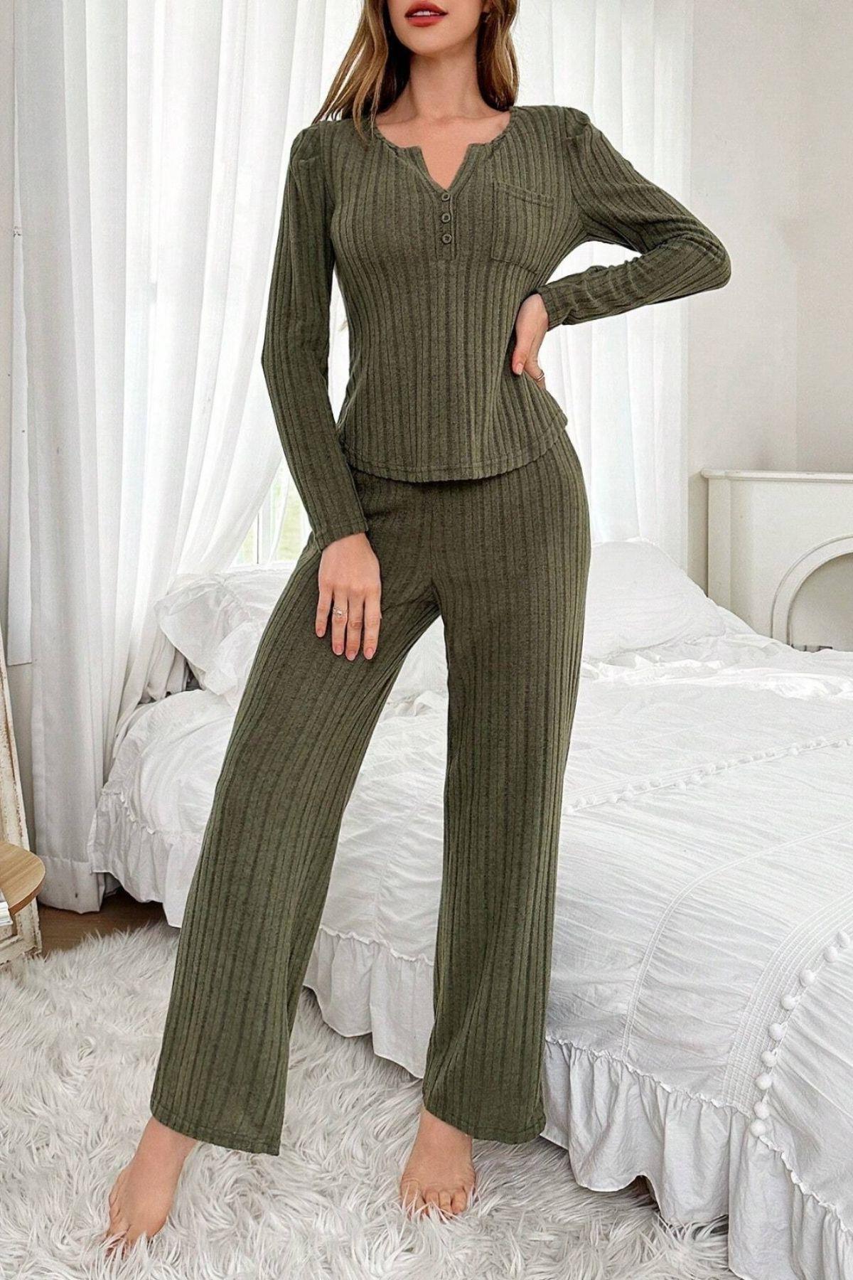 Bella Notte Haki Yeşili Uzun Kollu Pamuklu Pijama Takımı 7069