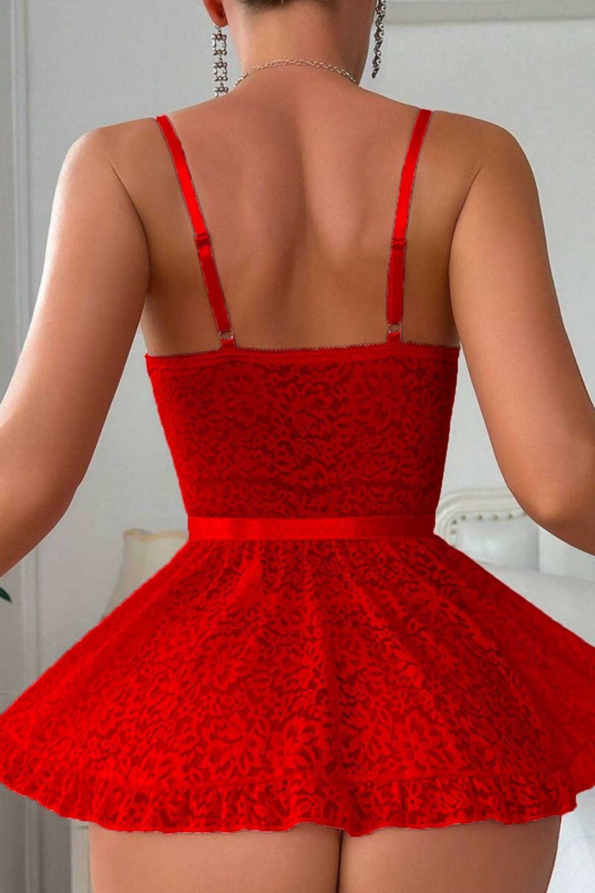 Bella Notte Kımızı Askılı Dantelli Gecelik 15742