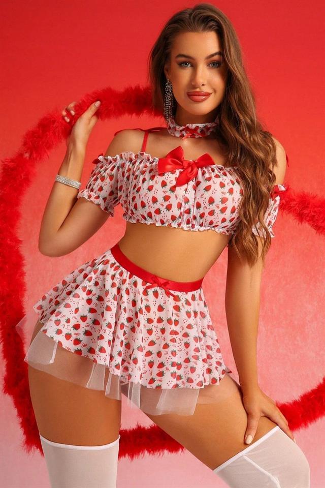 Bella Notte Kırmızı Çilek Prensesi Gecelik Set 18525
