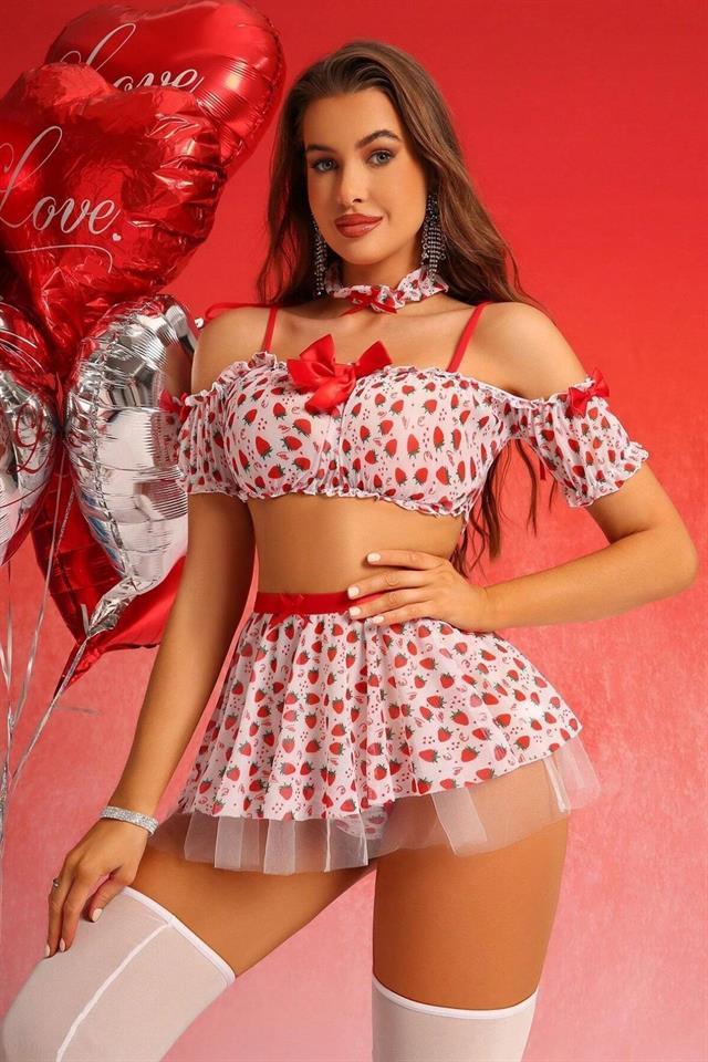 Bella Notte Kırmızı Çilek Prensesi Gecelik Set 18525