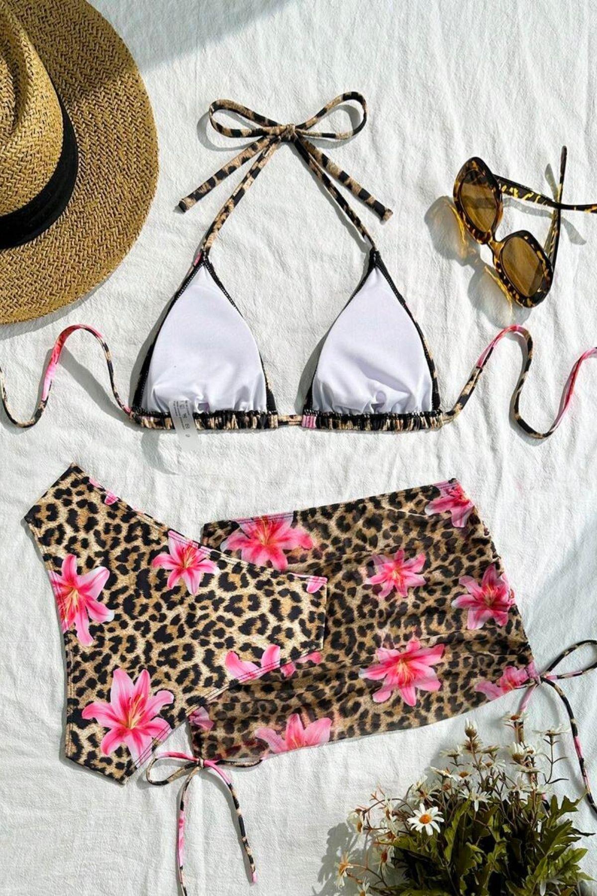 Bella Notte Leopar Zambak Baskılı Pareolu Bikini Takım M-9035