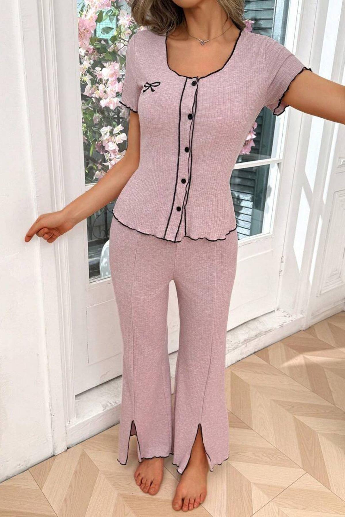 Bella Notte Lila Pamuklu Düğmeli Pijama Takımı 7387