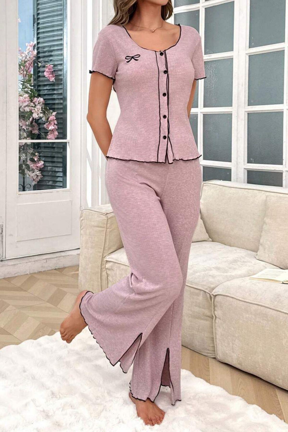 Bella Notte Lila Pamuklu Düğmeli Pijama Takımı 7387