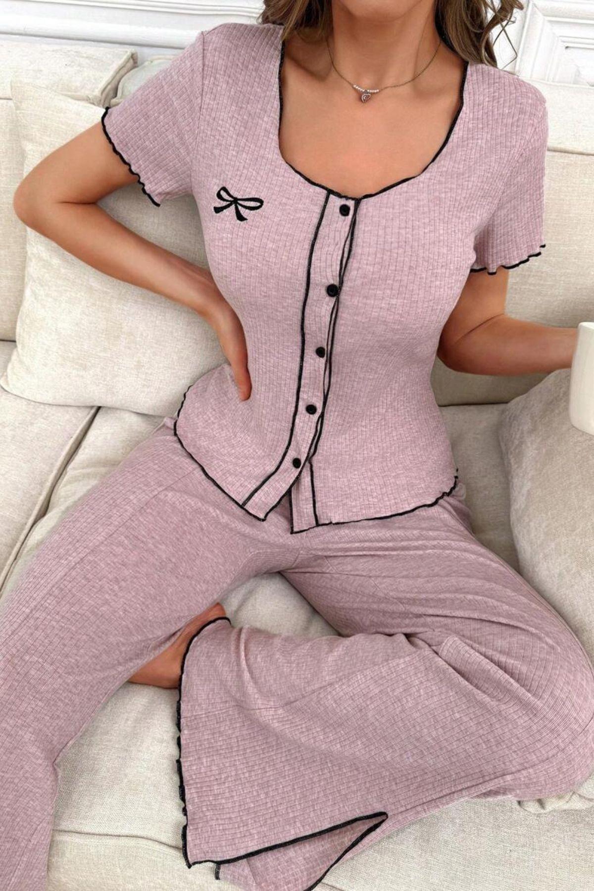 Bella Notte Lila Pamuklu Düğmeli Pijama Takımı 7387