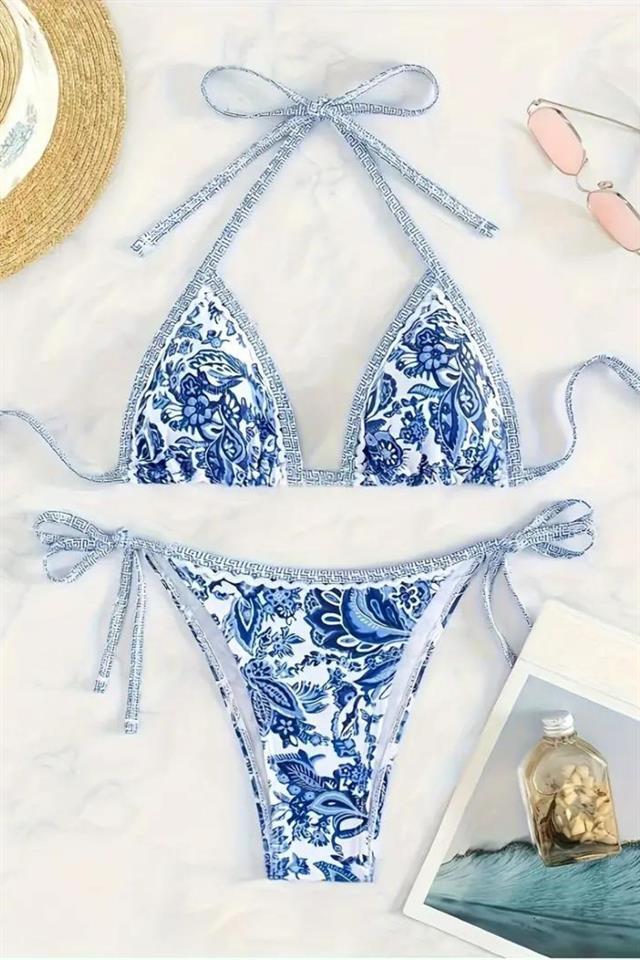 Bella Notte Mavi Desenli Üçgen Bikini Set M-9003