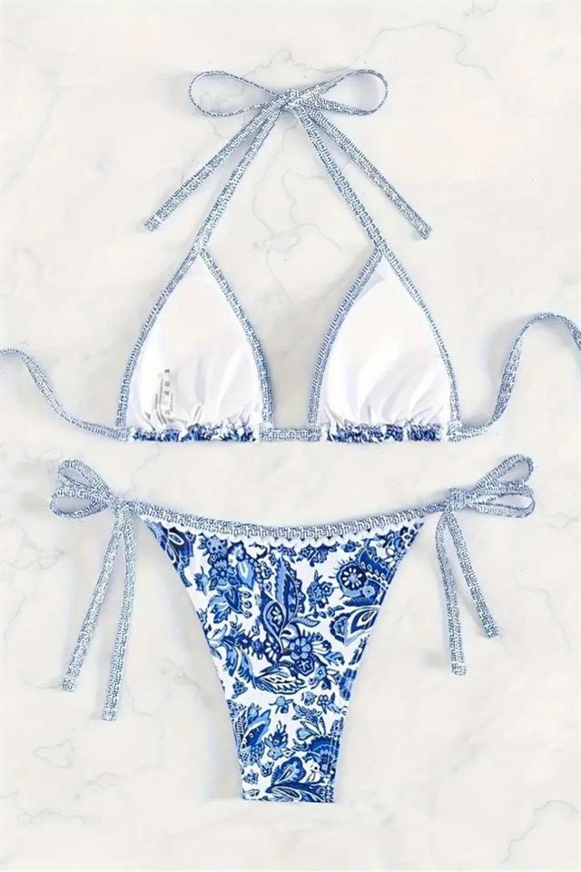 Bella Notte Mavi Desenli Üçgen Bikini Set M-9003