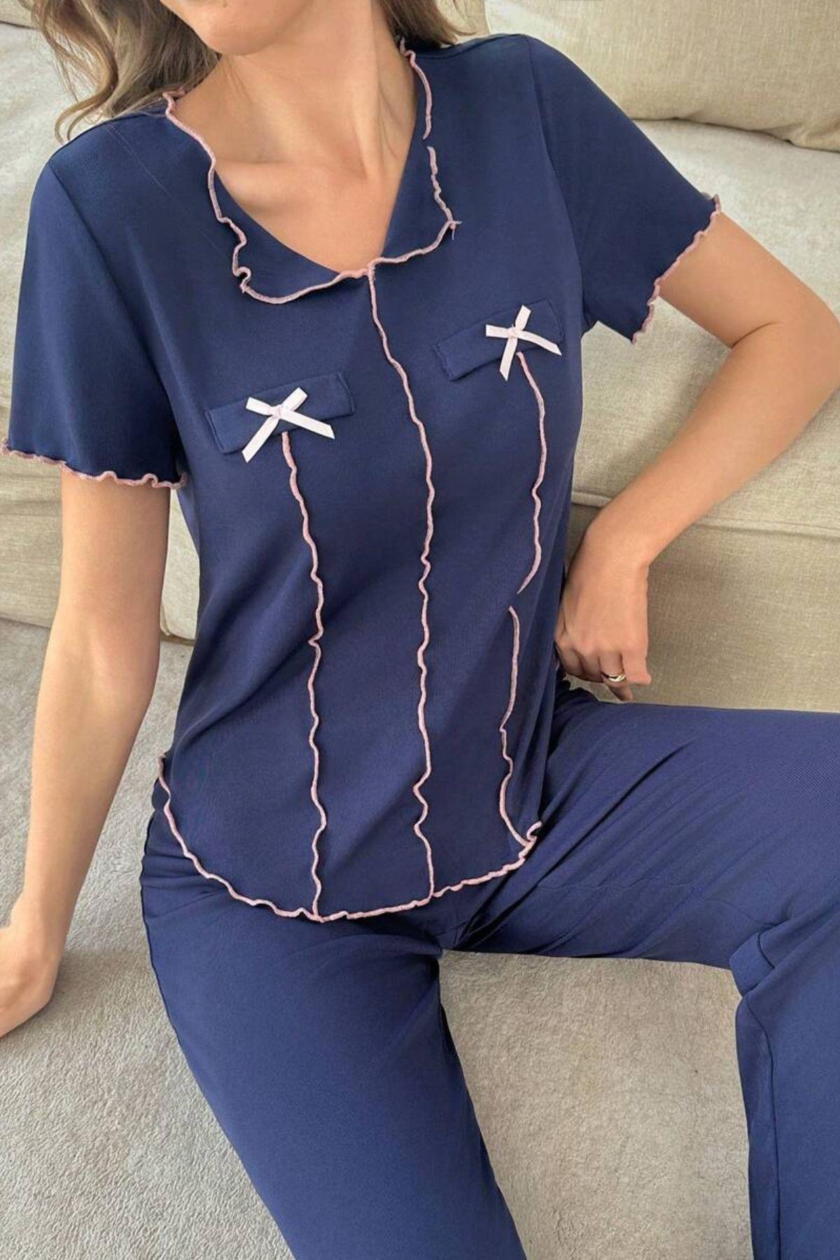 Bella Notte Mavi Fiyonk Detaylı Pjama Takım 7367