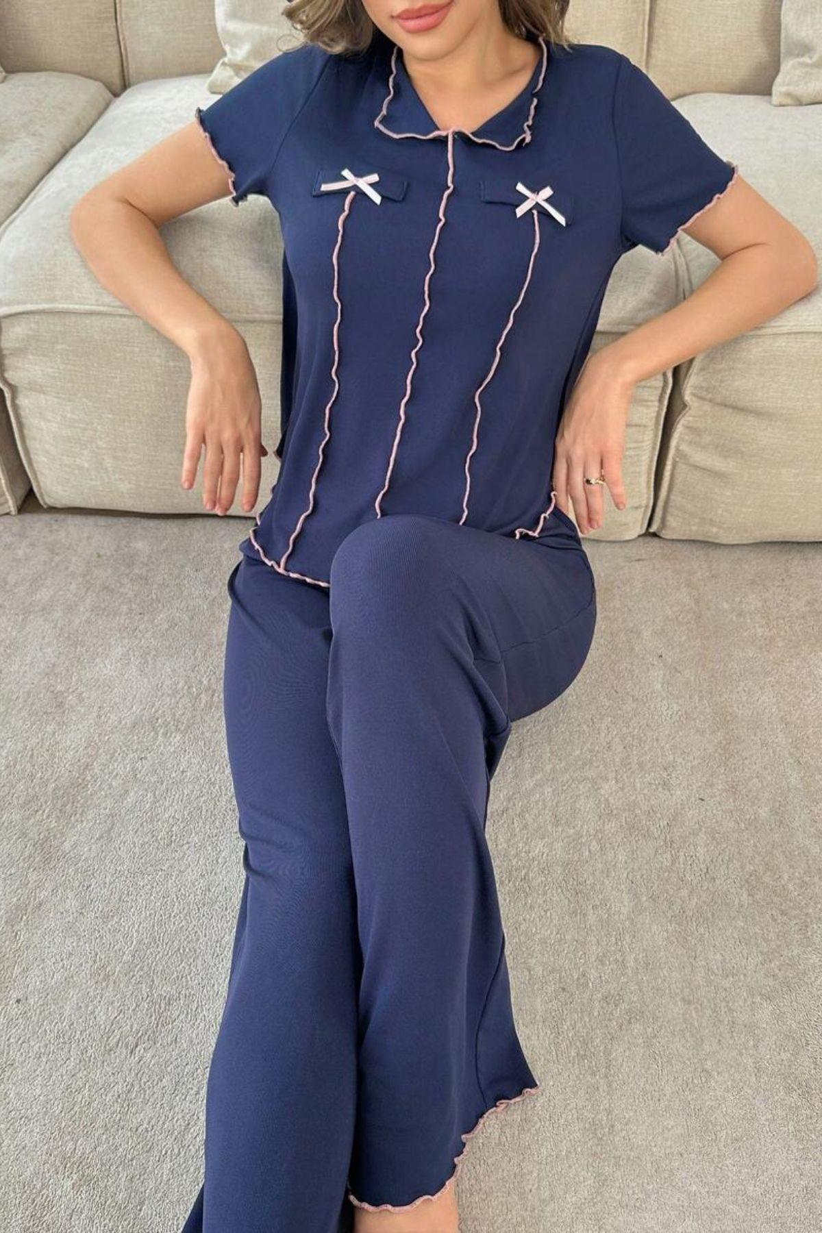 Bella Notte Mavi Fiyonk Detaylı Pjama Takım 7367