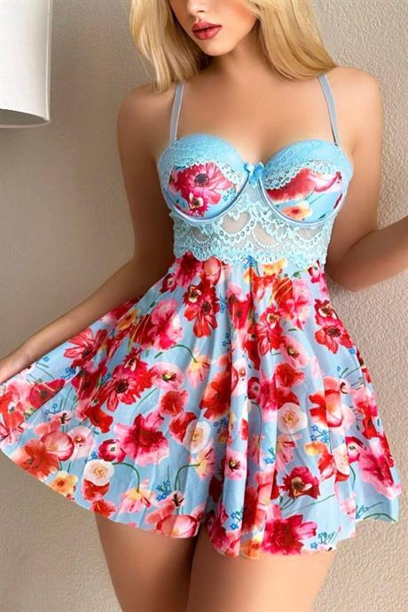 Bella Notte Mavi Rüya Gecesi Çiçekli Askılı Mini Gecelik 15628
