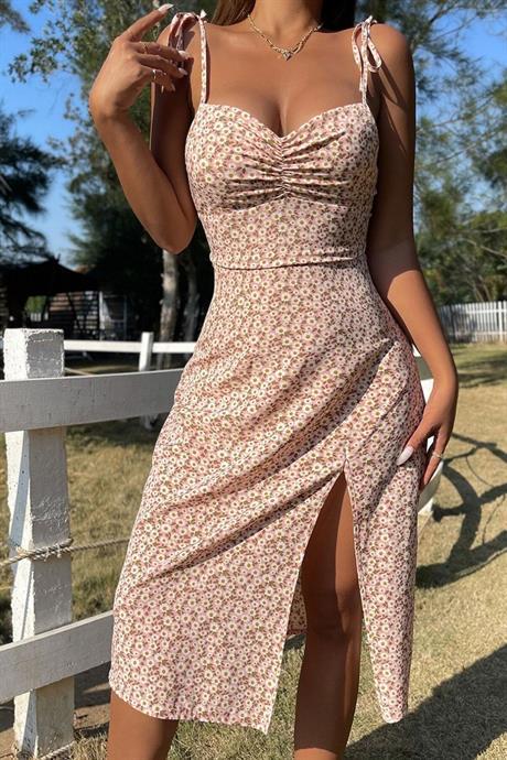 Bella Notte Pembe Bahar Yırtmaçlı Elbise E-5501