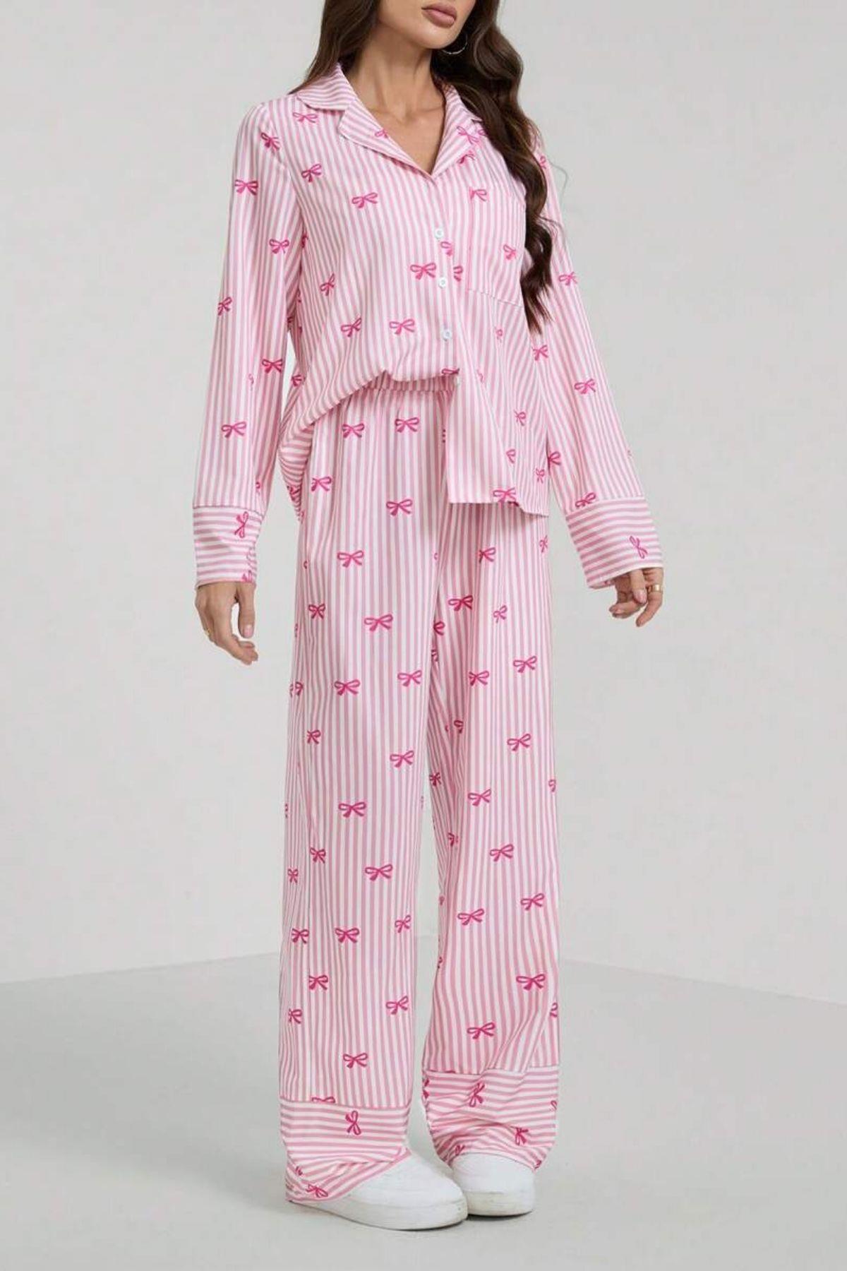 Bella Notte Pembe Fiyonk Baskılı Çizgili Pijama Takımı 77345