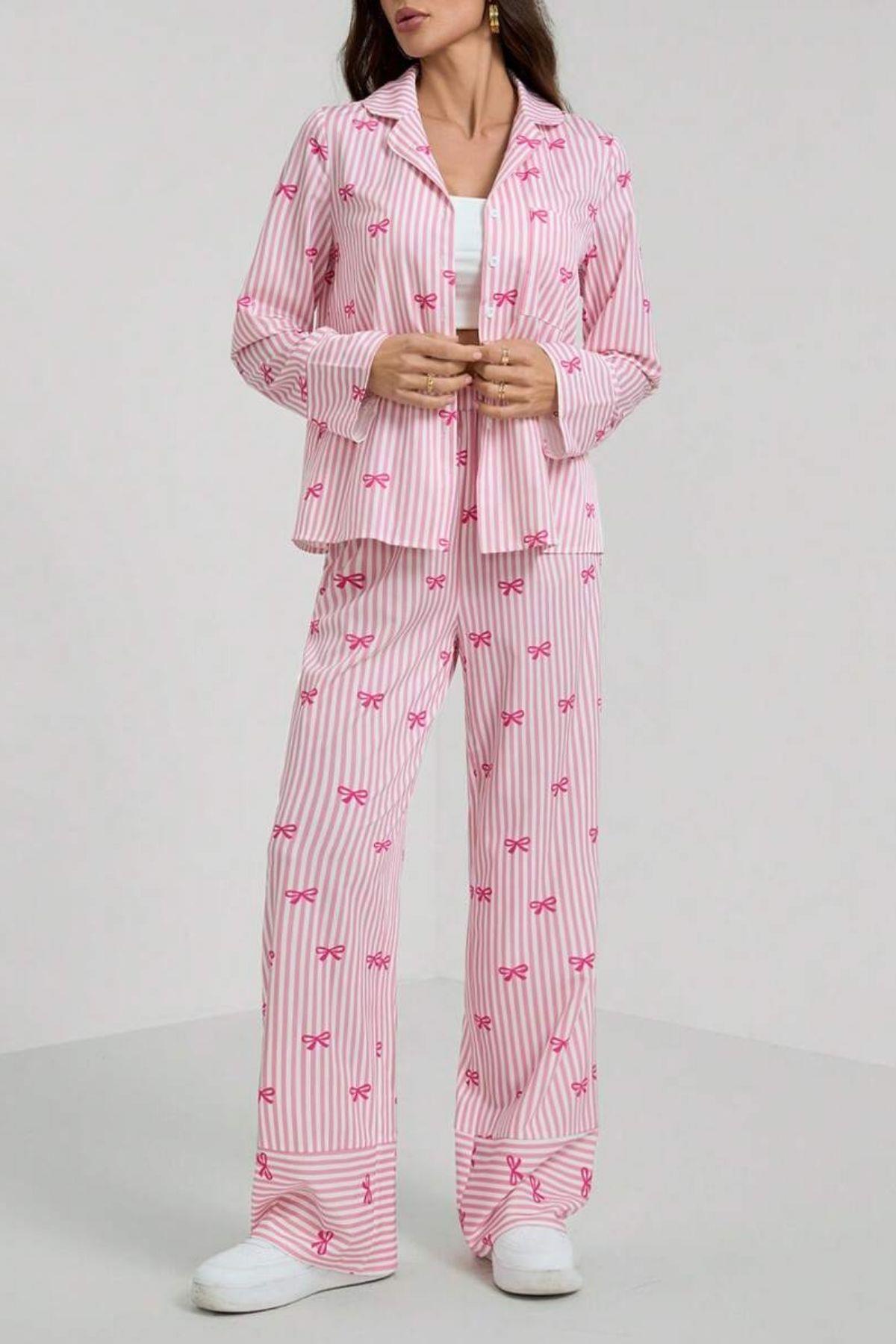 Bella Notte Pembe Fiyonk Baskılı Çizgili Pijama Takımı 77345