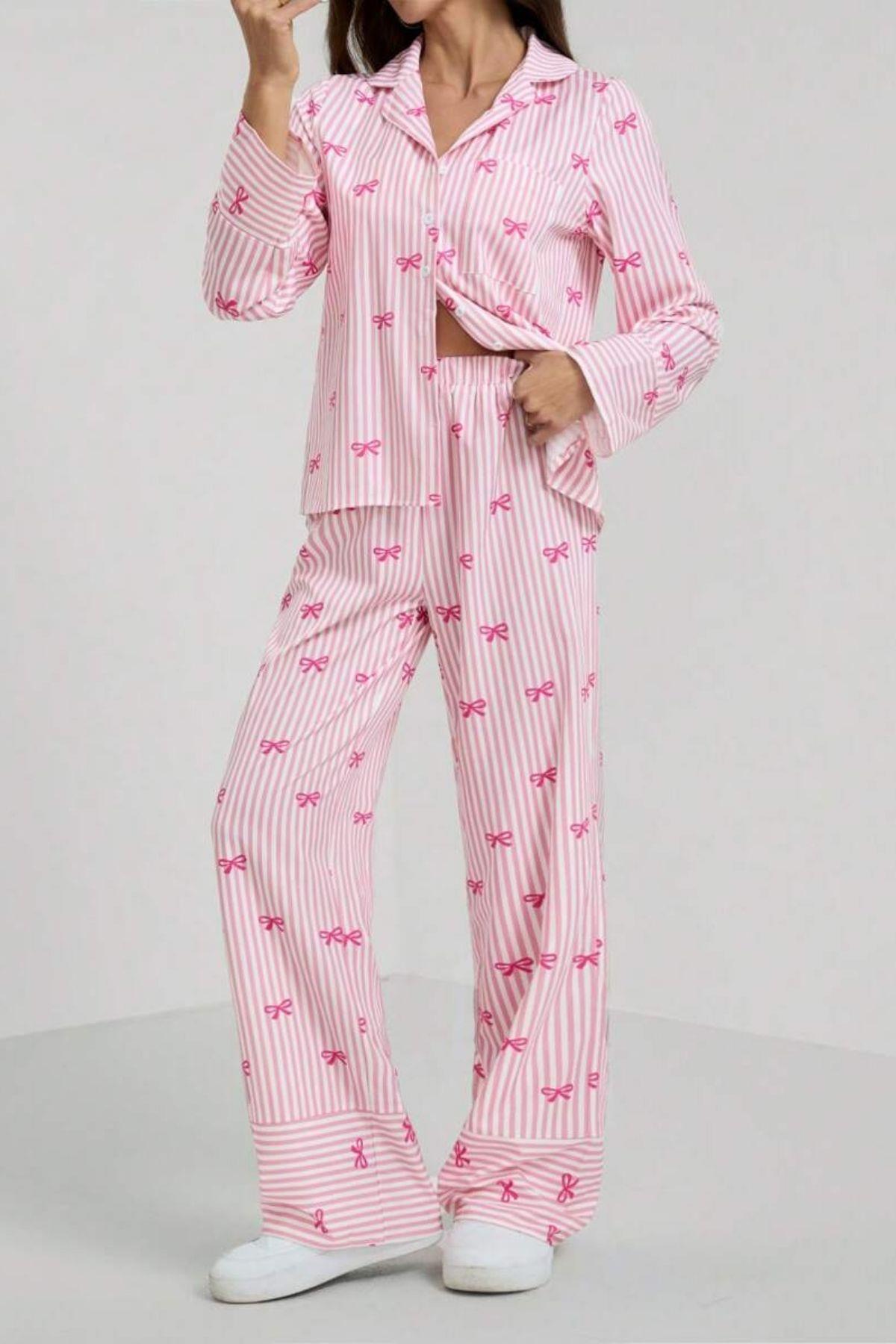 Bella Notte Pembe Fiyonk Baskılı Çizgili Pijama Takımı 77345