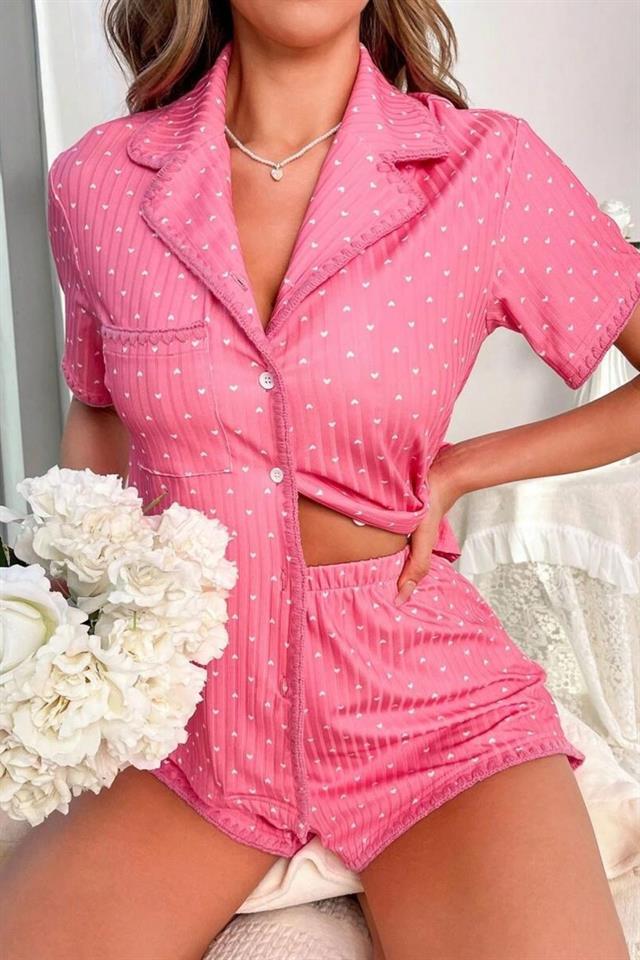 Bella Notte Pembe Kalp Desenli Şort Takım 7552