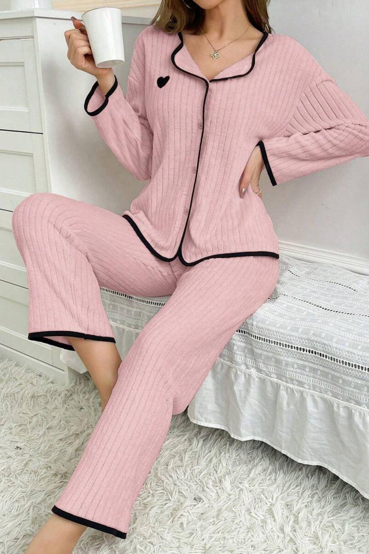 Bella Notte Pembe Kalp Detaylı Biyeli Pijama Takımı 77013